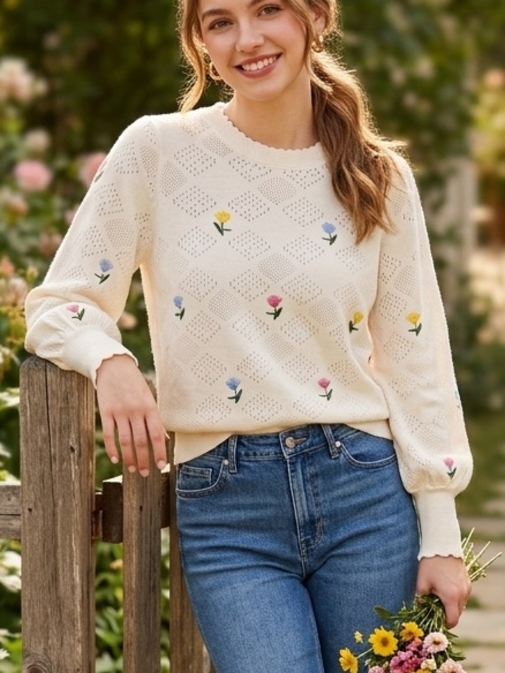 Loft Floral Cotton Cottagecore Ivory Sleeve Embroidered Scalloped Trim Sweater L